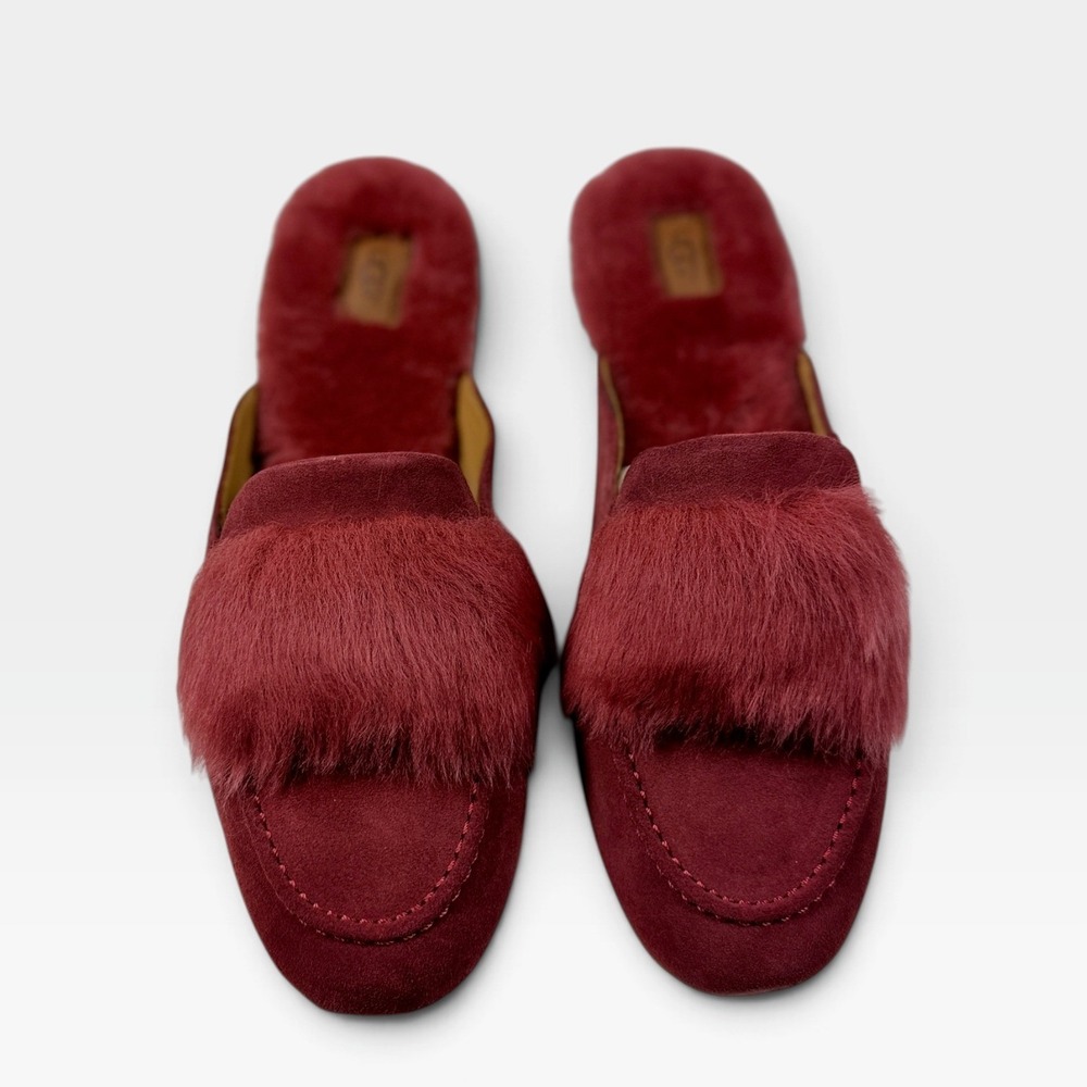 UGG Shaine Wisp Suede Mules Womens 10 Redwood Red Fur Trim Slippers NEW